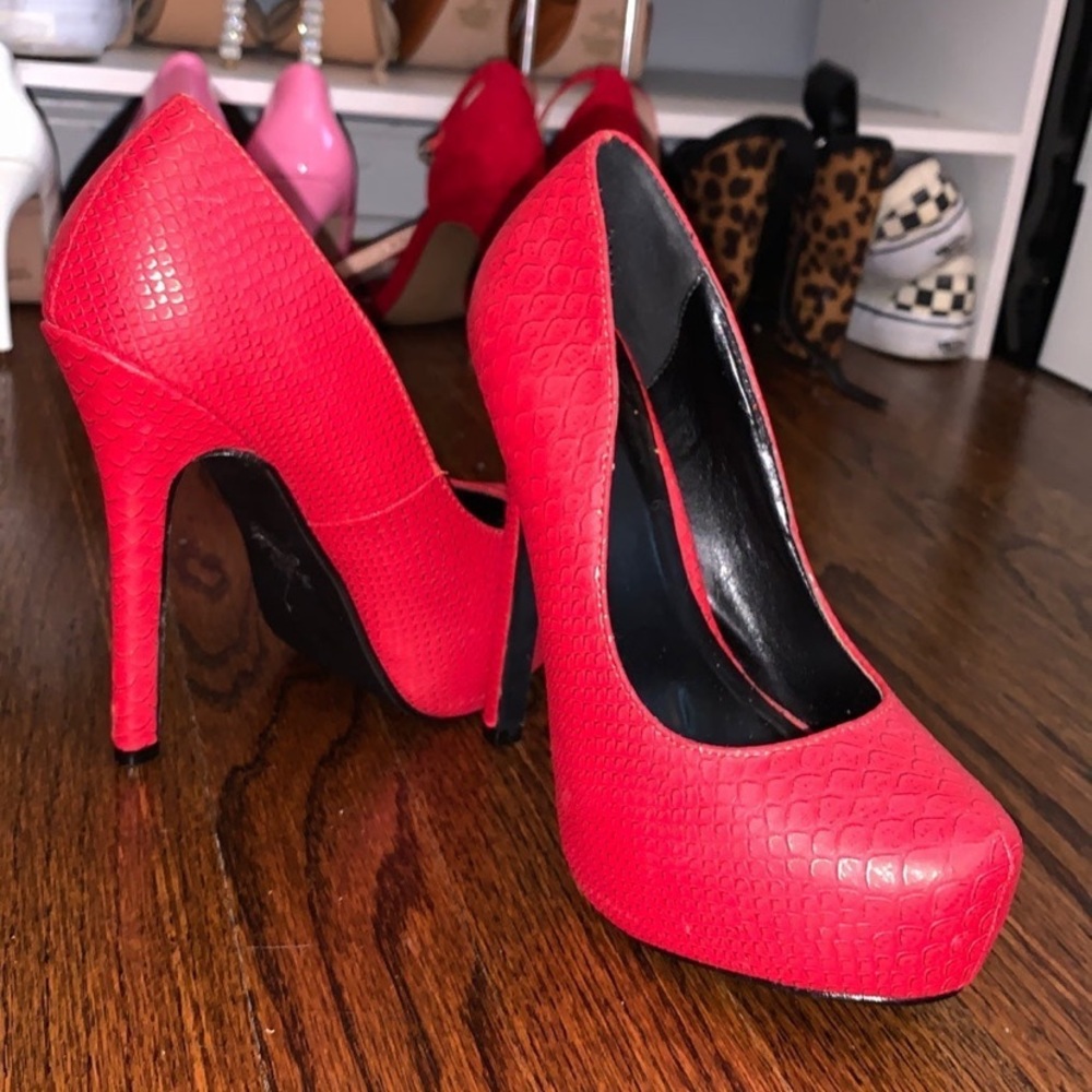Call it Spring Red Snake Skin Pumps